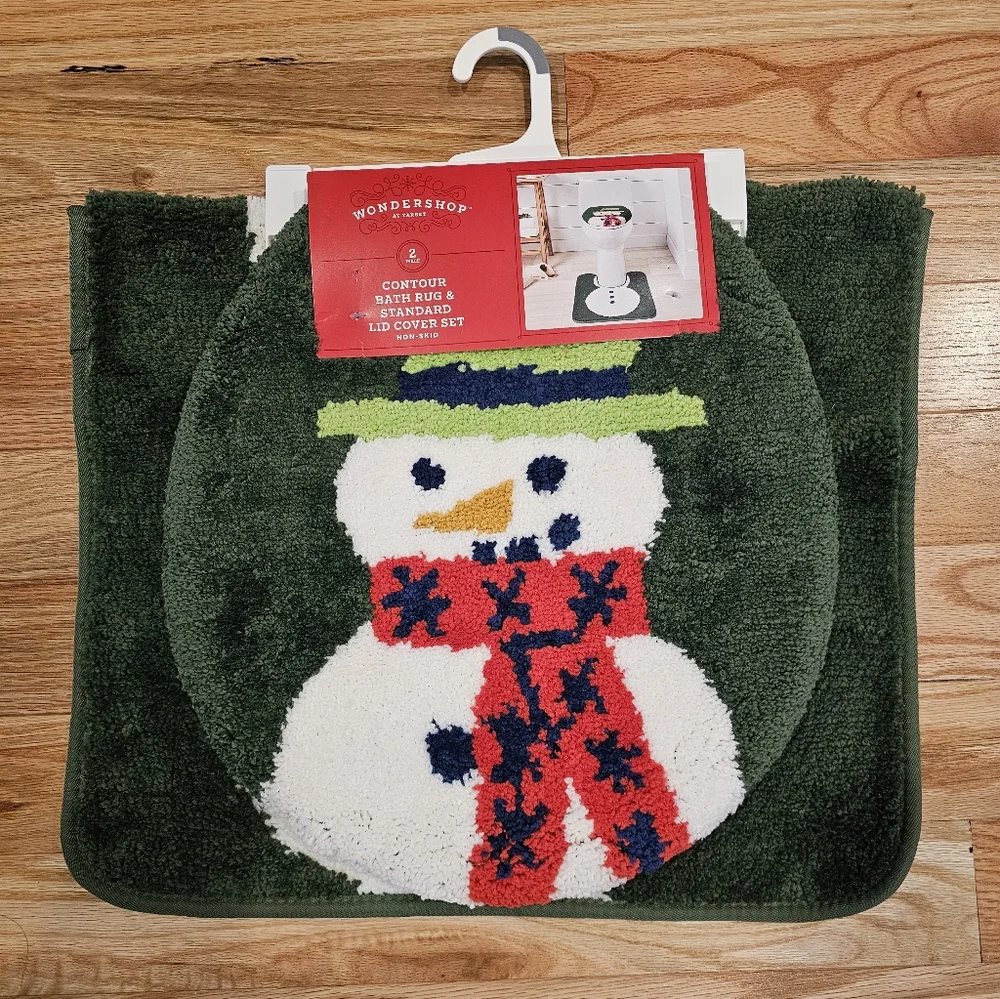 Snowman Non-Skid Contour Bath Rug & Lid Cover Set, NWT